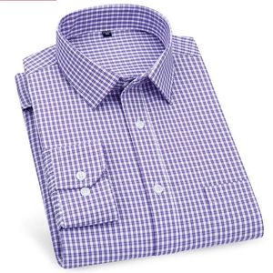 メンズドレスシャツ高品質のメンズビジネスカジュアルロングスリーブシャツクラシックストライプチェックチェック男性ソーシャルパープルブルー