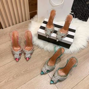 New Fashionable Women's Sandals Luxury Designer High Heel Shoes Pointed Sexy Jelly Shoes Crystal Diamond Chain Letter Transparent Half Tray Outdoor Anti slip 36-41