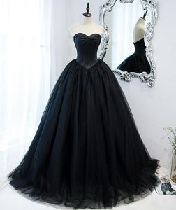 Hallowmas Black Satin and Tulle Ball Gown Wedding Dresses Sweetheart Beach Court Train Bride Gown