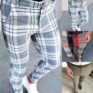 Męskie spodnie Tech Męskie Casual Plaid Print Kostium imprezowy Elastyczne stopy Z kieszeniami Biała odzież