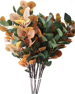 Flores decorativas 10p Artificial Eucalyptus planta folhas de plástico vegetação verde e outono cor vermelho para decorações de festa em casa floral