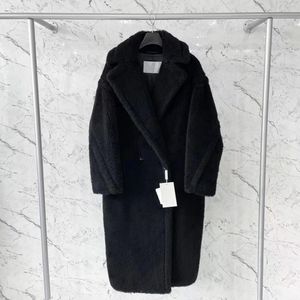 Classic Black MMax Teddy Bear Alpaca Fur Women Icon Coat two button Lapel Neck Keep Warm Long Parkas camelwool