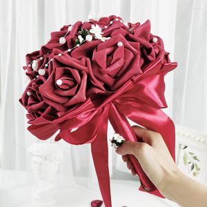 Flores decorativas Buket pernikahan Pengiriring Pengantin Artificial Ribbon Rose Bouquet AkseSori Fake Pearl Foam Flower Wedding