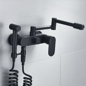 Kitchen Faucets Black Sink Faucet Solid Brass & Cold Dual Handle With Spray Gun Wall Mounted Rotating Foldable Balcony Mop Pool Tap