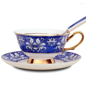 Coffee Tea Sets Bone China Cup And Saucer Set Afternoon Chinese Blue White Flowers Golden Edge