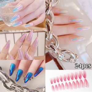 False Nails 24Pcs/set Gradient Aurora Mirror Design Press On Full Cover Wearable Fake Nail Art Tips DIY Colorful Manicure Tool