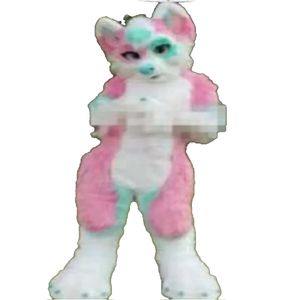 Kampanjkvalitet Mascot Pink Long Fur Furry Fox Wolf Husky Dog Mascot kostym Vuxen Tecknad kostymdr￤kt ￖppning Business Parents-Child-kampanj