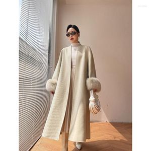 Kvinnor Down 2022 High Fashion Real Fur Collar Reversible Cashmere Coat Long Slim Fit Woolen Overrocks