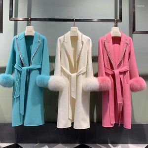 Cappotto lungo da donna in cashmere di piumino coreano con polsino in vera pelliccia Donna Autunno caldo Grandi perle Giacca in misto lana con perline Capispalla femminile