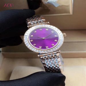 Orologi squisiti alla moda, la superficie viola chiaro in acciaio inossidabile preferita dalle donne e lo specchio in zaffiro; Quadrante con diamanti al quarzo Se227c