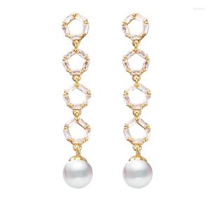 Stud Earrings Women Personality Zirconia With Four Geometry Shape Connecting Dainty Pearl Long Earring Fashionable Party Jewelry