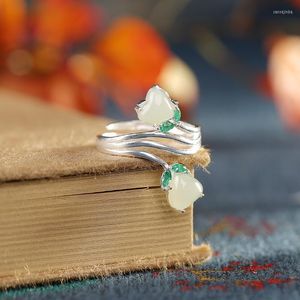 Cluster Rings Original S925 Sterling Silver Inlaid Hetian Jade White Fan-formad antikvitetstemperament Ring för W