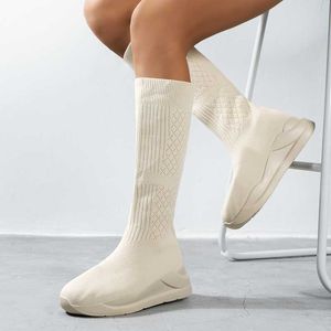 Boots Tall Woman Winter New Collection Sexy Knitted Beige Socks Stretch Fabric Slim Fit Socofy Wedge Lady Knee 221213
