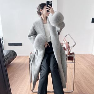 Women's Down High-end Gray Bathrobe Style Lace-up Long Double-sided Wool Coat For Women Luxury Natural Fur Cuff Woolen Overcoats ZY02