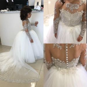 Cute Ballroom Girl Pageant Dresses Jewel Neck Appliqued Beaded Long Sleeves Flower Girl Gowns Ruffle Sweep Train Birthday Gowns