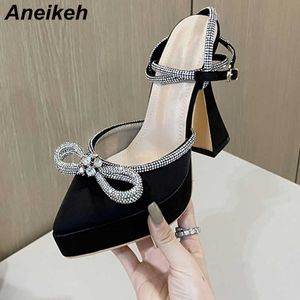 Dress Shoes Aneikeh Brand Sexy Thick High Heels Platform Women Sandals Summer Bowknot Rhinestone Party Wedding Pumps 221213