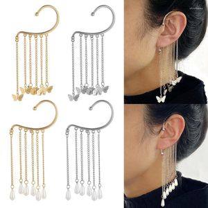 Backs Earrings Long Tassel Geometric Imitation Pearl Chain Clip No Pierced Ear Cuff Cartilage Elegant Female Women Jewelry