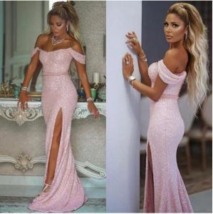 2023 Pink Prom Dresses Mermaid Off the Shoulder Sparkly paljetter Side Slit Custom Made Ruched Evening Party Gowns Vestidos Formell OCN Wear