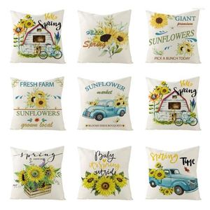 Pillow Cover Cotton Linen Sunflower Floral Print Serging Square 45 Throw Pillowcase Sofa Home Decorative