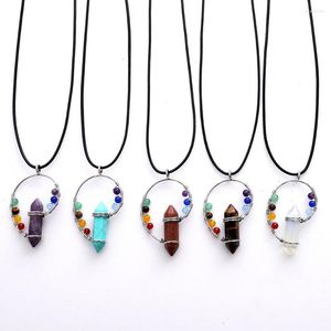 Pendant Necklaces Natural Semi-precious Stone Pendants Amethyst Goldsand Hexagonal Pillar Conch Yoga Spirit Seven Colored Stones