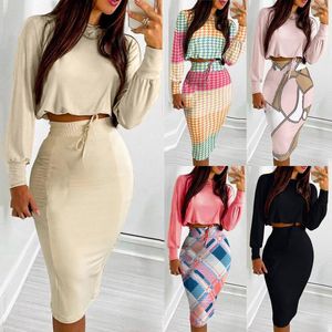Women's Two Piece Pants Elegant Sets Women Fashion Long Sleeve Top And Drawstring Shirred Bodycon Skirt 2 Pieces 2022 Autumn Winter