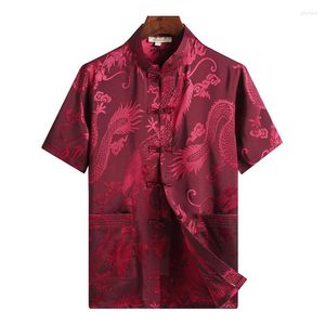 Męskie koszule Burgundowe Tang Suit Tradycyjne chińskie ubranie dla mężczyzn koszula z krótkim rękawem Vintage China Top Hafdery Ubrania