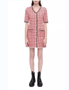 Red Plaid Panelled Tweed Dress Short Sleeve V-Neck Buttons Single-Breasted Casual Dresses M2D140673