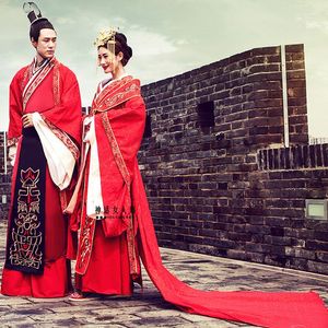 Etnik Giyim Çin tarzı düğün Hanfu Elbise Kırmızı Muhteşem Suzhou İşlemeli Tren Kostüm Aşıklar Tasarlama Çin kraliyet çift kıyafeti