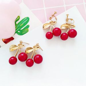 Backs Earrings Gold Color Leaf Small Big Red Round Cherry Brincos Glass Cherries Fruit Pendant Clip For Women Lady Femme