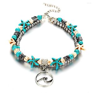 Anklets Double Chain Hollow Waves Ankle Charms Bracelets Blue Beads Stone Starfish Leg Barefoot Sandals Foot Jewelry For Women