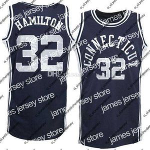 バスケットボール ジャージ バスケットボール ジャージ UCONN Connecticut Huskies College Richard Hamilton #32 バスケットボール ジャージ ネイビー ブルー レトロ メンズ ステッチ カスタム番号