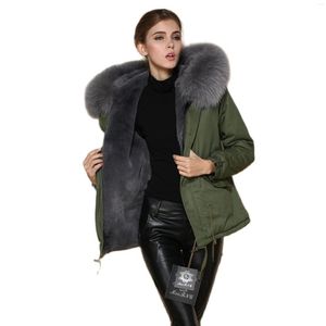 Cappotto invernale caldo in pelliccia da donna Parka Giacca a maniche lunghe verde militare con colletto grigio grande Fornitore della Cina