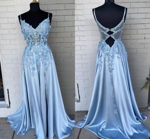 Real Image Light Blue Prom Dresses Juniors Spgahtti V-neck Hand Made Flowers Applique Beaded Evening Formal Special Occasion Dress Womens Backless