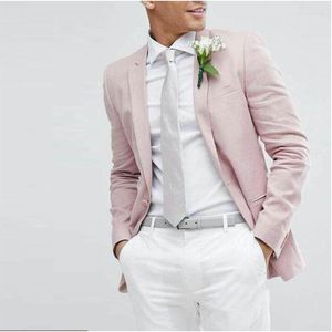 Ternos masculinos Casual Rosa Men para o noivo do casamento Tuxedos Auto -Roomsmen Blazer Trajes Hombre 2 peças Fantas de calças brancas Homme