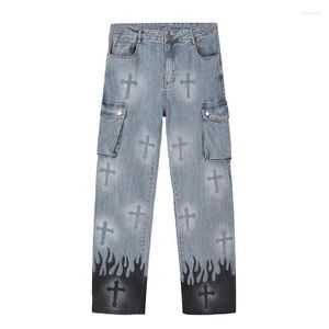 Erkek kot punk denim pantolon erkekler harajuku alev çapraz baskı renk blok bülbeli erkek düz pantolon çoklu cepler sonbahar kış