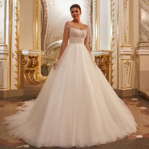 Luxury A Line Wedding Dresses 2023 Beading Top Bridal Gown Sheer Scoop Neck Long Sleeve Robe De Mariee