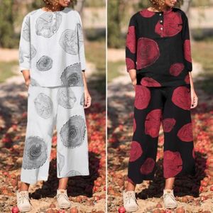 Women's Two Piece Pants 2 Pcs/Set Women Set O Neck Pullover Deep Crotch Top Loose Long Half Sleeve Blouse Trousers