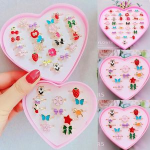 Fedi nuziali 12/24/36Pcs Anello per bambini regolabile casuale Gocciolante di olio Set di scatole regalo simpatico cartone animato Gioielli per ragazze