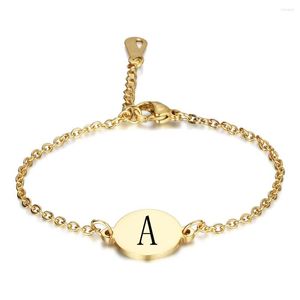 Pulseiras com elo dourado A-Z letras iniciais gravadas para mulheres meninas titânio aço 26 alfabeto redondo moeda pulseira moda joias