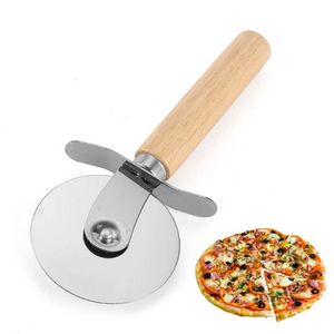 Rund pizza cutter verktyg rostfritt stål konforterbart med trähandtag pizzaknivskärare bakverk pasta deg kök bakformat verktyg ss1214