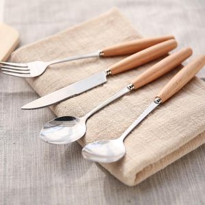 Dinnerware Sets Wooden Handle Luxury Outdoor Cutlery Set 4pcs Stainless Steel Plated Silver Knife Fork Tableware