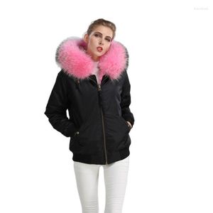 Women's Fur Women Black Bomber Jacket With Pink Faxu Lining Winter Ladies Waterproof Coat Raccoon Collar Trimming
