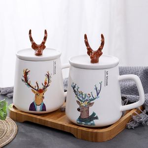 Mugs Personality Nordic Style Creative Antler Ceramic Cup Cartoon Mug With Lid Animal Cute Couple Water Coffee