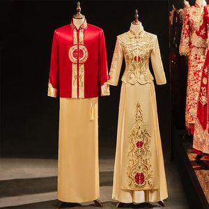 Etniska kl￤der orientaliska par Champagne Phoenix Beading Sequins Qipao Chinese Wedding Dress Traditionell Vintage Cheongsam Tang Suit