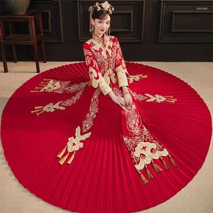 エスニック服fzslcyiyi刺繍ラインストーンタッセルブルゴーニュ中国の花嫁花grideウェディングドレスcheongsamエレガントな結婚qipao