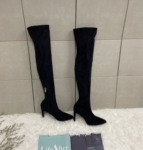 Designer-Stiefel, Damenschuhe, luxuriös, schwarzes Wildleder, hohe Stiefeletten, spitze Zehen, hoher Absatz, EU 35–40, mit Box