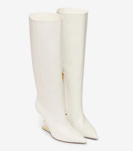 Winter First Kvinnor Höga Stövlar Svart Vit Läder F-formade Skulpterade klackar Spetsiga tå Lady Booties Dragkedja över knä Boots EU35-43 Originalbox