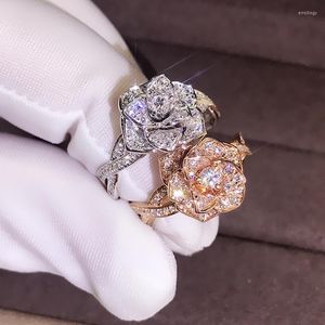 Wedding Rings Vintage For Women Shiny Crystal Rose Flower Celebrities Ring Engagement Party Aesthetic Accessories Jewelry KCR028