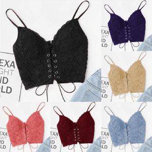 Camisoles Tanks Sexy Solide Spitze Unterwäsche Croptop Frauen V-ausschnitt Bustier BH Öse Up Spaghetti Strap Weste Zip Zurück Leibchen push Bralet