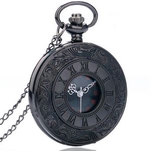 Vintage Charm Black Unisex Fashion Roman Number Quartz Steampunk Pocket Watch Women Man Necklace Pendant with Chain Gifts218K